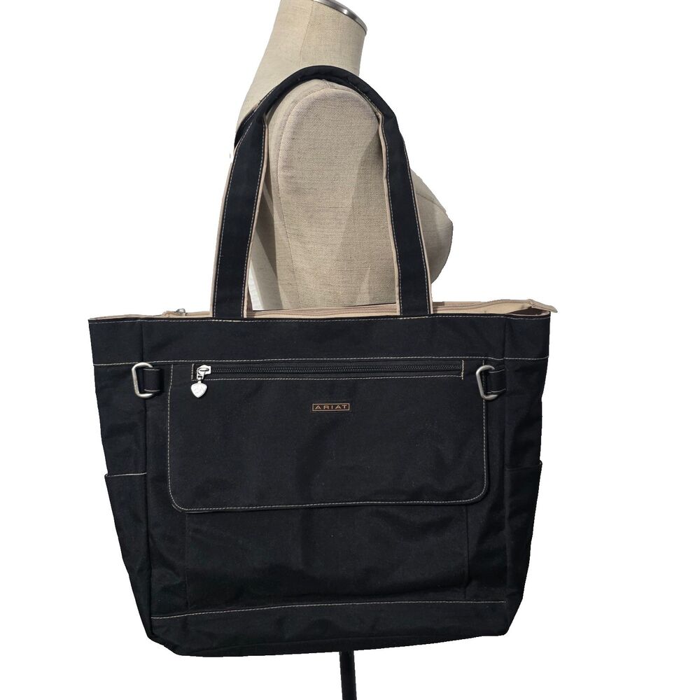 Ariat Black Canvas Carryall Shoulder Tote Bag Contrast Stitch Multi Pocket